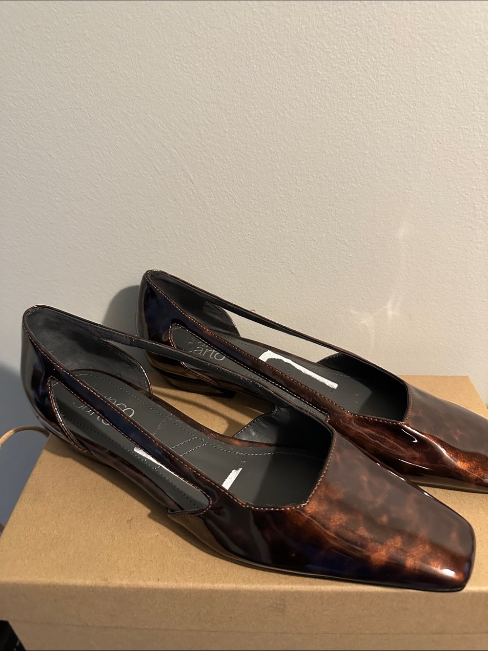 Franco Sarto Women's Glossy Brown Tortoiseshell Square-Toe Flats